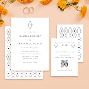 May include: Wedding invitation suite featuring a white background with black geometric patterns and text. The main invitation includes the names Camila Ramirez and Francisco Garcia, event details, and a QR code for RSVP.