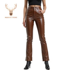 Women’s Slim Fit Brown Leather Pants | Handmade High Waist Retro Trousers, Casual & Party Wear