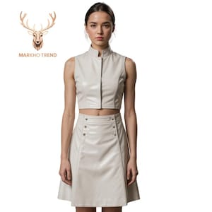 Women’s Off White Leather Mini Skirt | High-Waisted A-Line Party Skirt | Stylish Handmade Leather Clubwear & Evening Skirt