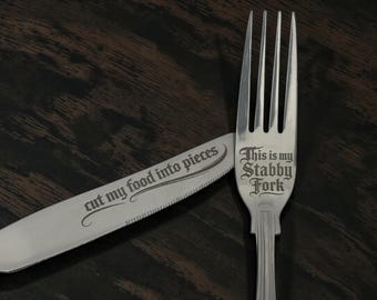 Cut My Food Into Pieces Cutlery Set | Engraved Knife & Stabby Fork | Gothic Blackletter | Dark Humour Gift