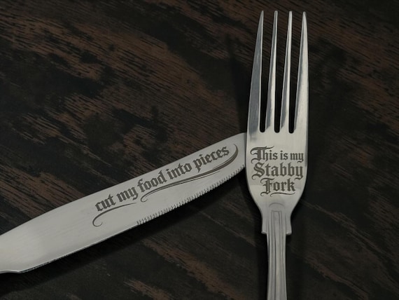 Cut My Food Into Pieces Cutlery Set | Engraved Knife & Stabby Fork | Gothic Blackletter | Dark Humour Gift
