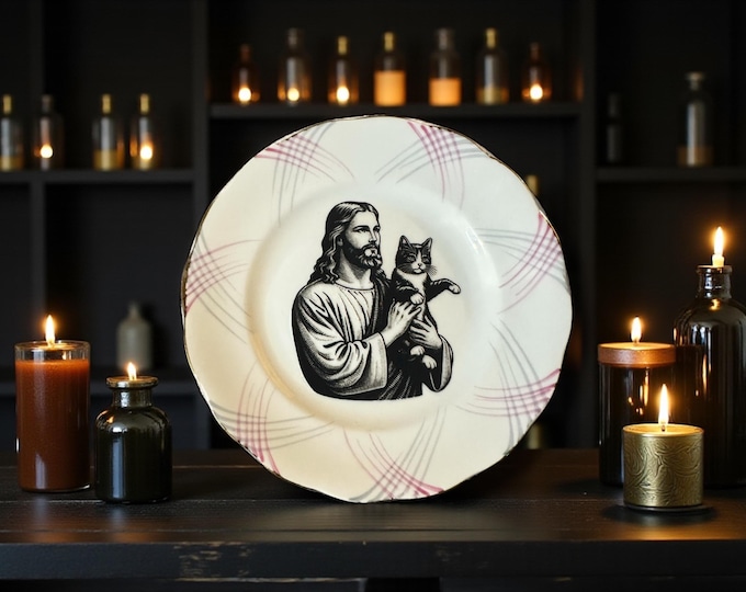 Jesus holding cat, vintage plate with stand