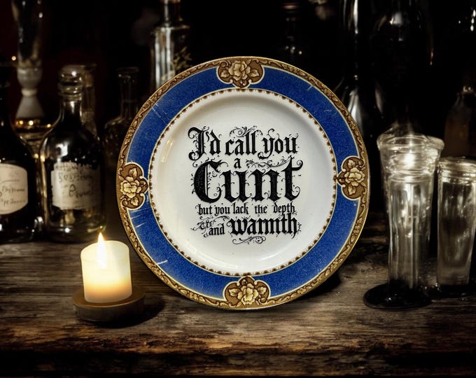 I'd call you a cunt but you lack the depth and warmth, vintage plate with stand