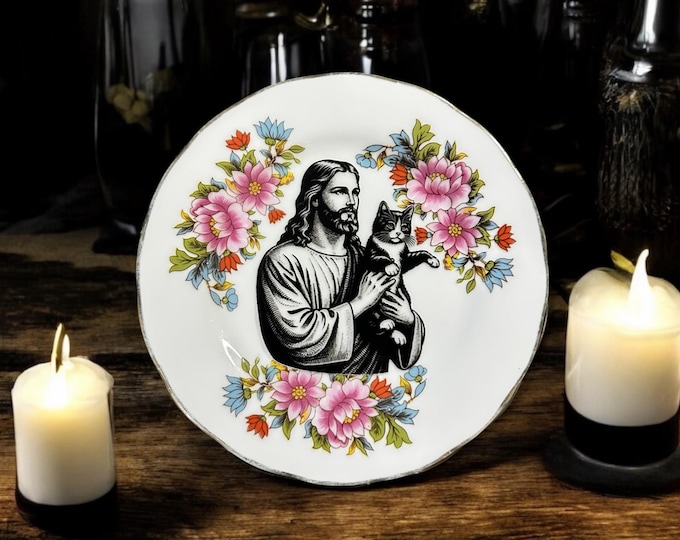 Jesus holding cat, vintage plate with stand