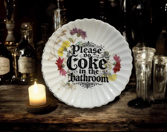 Please Do Coke in the Bathroom Plate – Vintage Crackpottery with stand