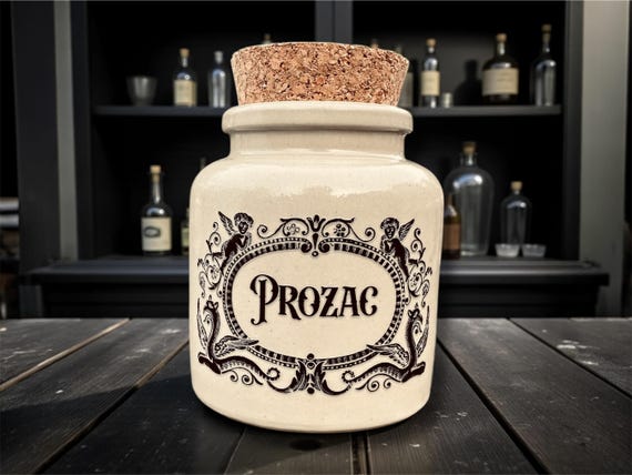 Prozac Stoneware Jar | Funny Mental Health Decor | Statement Storage | Novelty Gift