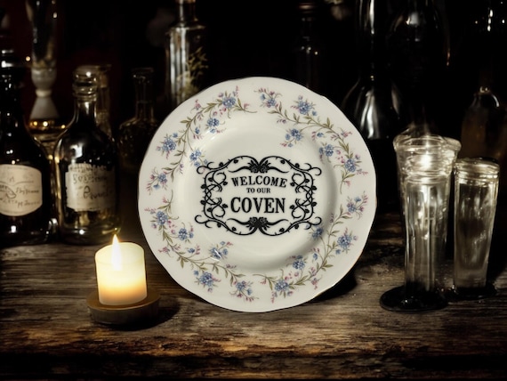 Welcome to our coven, vintage plate with stand