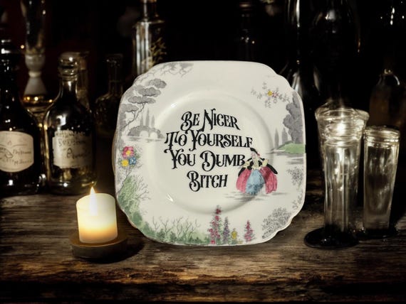 Be nicer to yourself you dumb bitch, vintage plate with stand