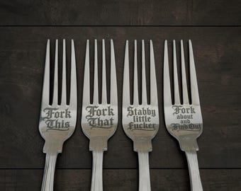 Engraved Gothic Forks – Dark Humour Stainless Steel Cutlery – Funny Gift for Goth Kitchen, Novelty Fork, Crackpottery