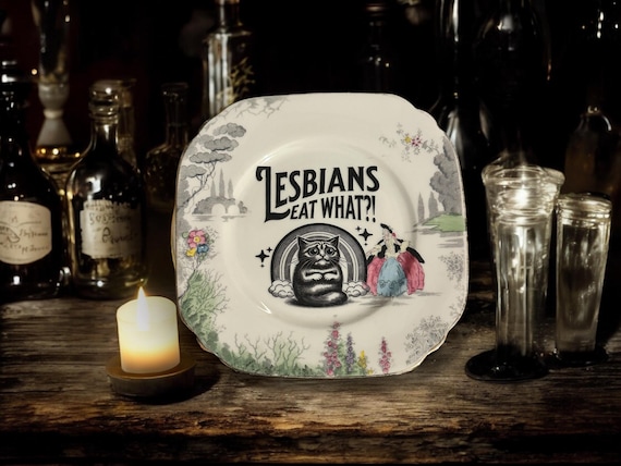 Lesbians eat what, vintage plate with stand