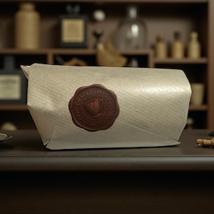 May include: A wrapped package sealed with a brown wax stamp. The stamp features a cup design and the text "The Crackpottery". The package is on a dark surface, with a candle and decorative items in the background.