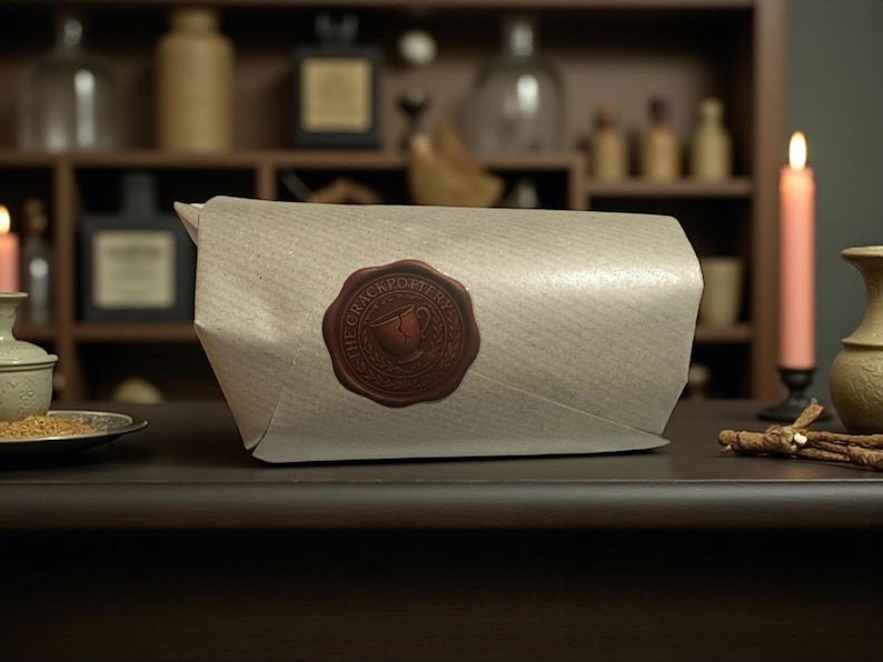 May include: A wrapped package sealed with a brown wax stamp. The stamp features a cup design and the text "The Crackpottery". The package is on a dark surface, with a candle and decorative items in the background.
