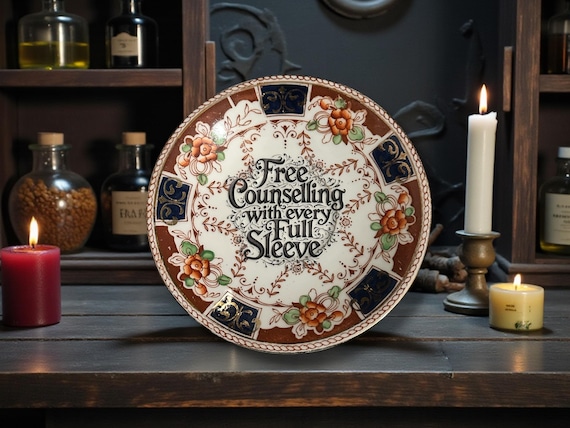 Free Counselling With Every Sleeve | Vintage Tattoo Humour Saucer | Dark Humour Decor | 13cm