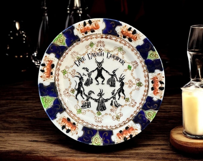 Live laugh Lucifer, vintage plate with stand