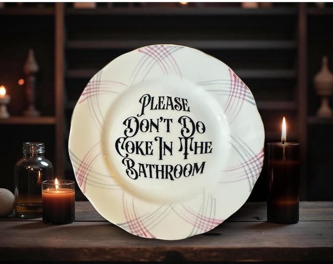 Please Don't Do Coke in the Bathroom Plate – Vintage Crackpottery with stand