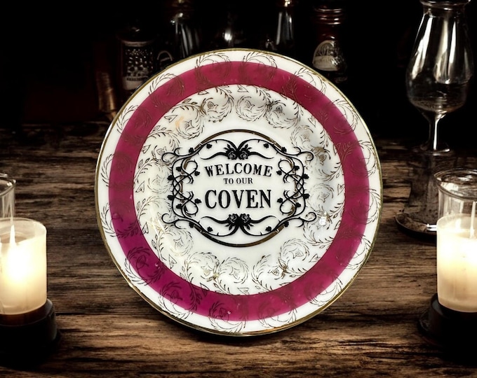 Welcome to our coven, vintage plate with stand