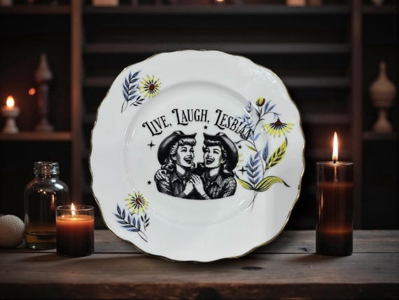 Live laugh lesbian, vintage plate with stand