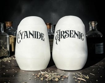 Cyanide & Arsenic Salt and Pepper Shakers | Funny Gothic Kitchen Decor | Dark Humour Gift | Alternative Homeware