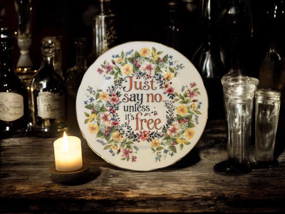 Just Say No Unless It’s Free Plate – Vintage Crackpottery with stand