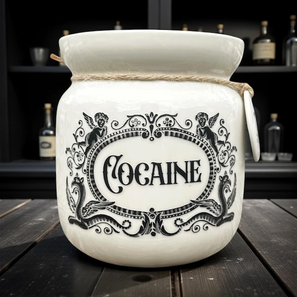 Crackpottery Ceramic Jar “Cocaine” – Funny Storage Jar, Dark Humour Kitchen Canister, Cream Ceramic Jar with Airtight Lid, Quirky Gift