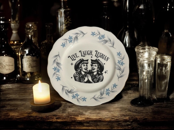 Live laugh lesbian, vintage plate with stand