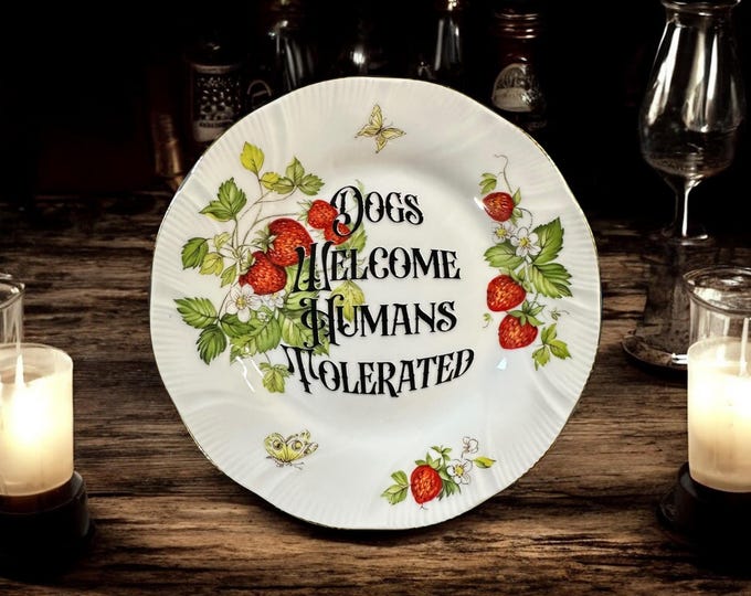 Dogs welcome humans tolerated, vintage plate with stand