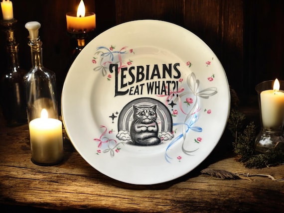 Lesbians eat what?!?!, vintage plate with stand