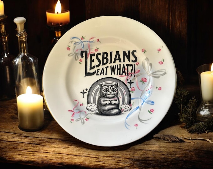 Lesbians eat what?!?!, vintage plate with stand