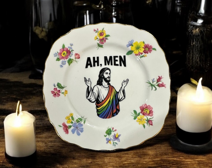 Jesus Ahh Men Pride robes, vintage plate with stand