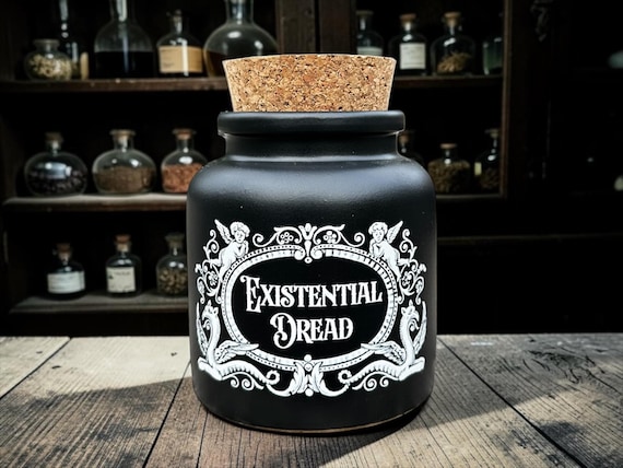 Existential Dread Apothecary Jar – Gothic Storage Jar – Dark Humour Kitchen Decor – Spooky Black Ceramic Canister – Alternative Home Gift