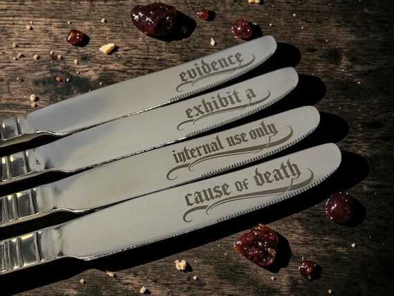FORENSIC BUTTER KNIFE set – “Evidence / Exhibit A / Internal Use Only / Case Closed” – Engraved Cutlery