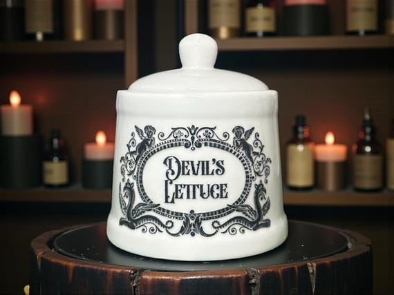 Devils Lettuce white apothecary jar pot