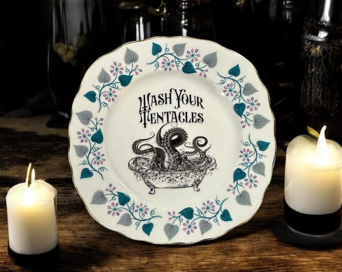 Wash your tentacles, vintage plate with stand