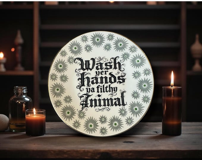 Wash yer hand ya filthy animal, vintage plate with stand