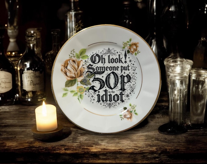 Oh Look, Someone Put 50p in the Idiot Plate – Vintage Crackpottery with stand