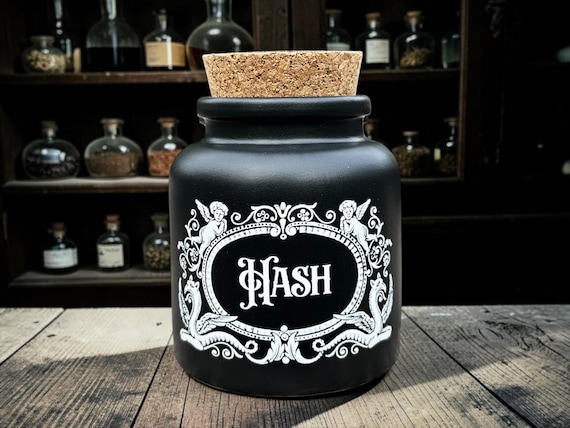 Hash Ceramic Apothecary Jar – Funny Cannabis Decor – Black Gothic Storage Canister