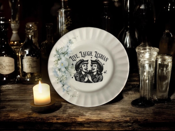 Live laugh lesbian, vintage plate with stand