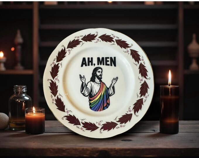 Jesus Ahh Men Pride robes, vintage plate with stand