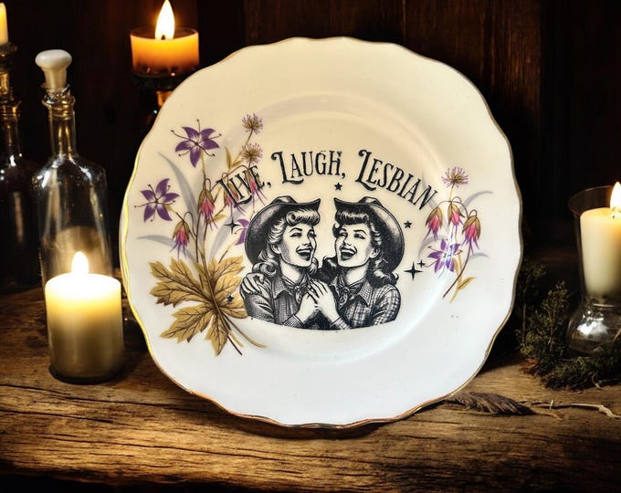 Live laugh lesbian, vintage plate with stand