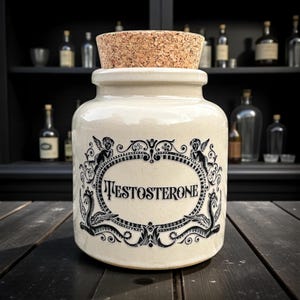 May include: A cream-coloured apothecary jar with a cork stopper. The jar features a black and white ornate design with the word "TESTOSTERONE" in the centre. The jar is on a dark wooden surface.