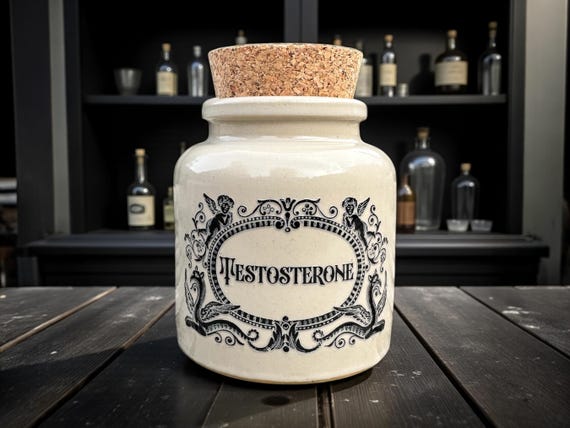 Testosterone stoneware apothecary jar