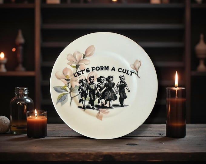 Let's form a cult, vintage plate with stand