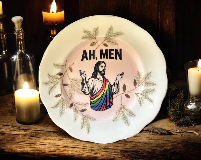 Jesus Ahh Men Pride robes, vintage plate with stand