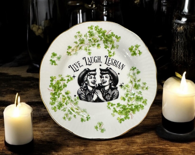 Live laugh lesbian, vintage plate with stand