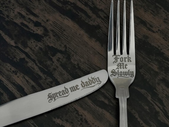 Spread Me Daddy Cutlery Set | Engraved Knife & Fork Me Slowly Fork | Gothic Blackletter | Cheeky Kitchen Gift