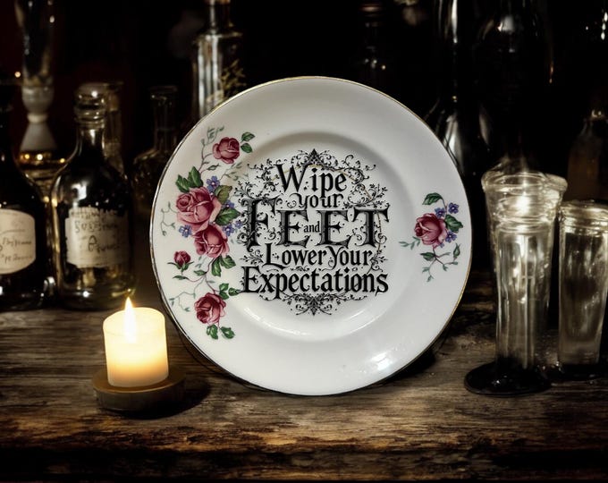 Wipe Your Feet and Lower Your Expectations Plate – Vintage Crackpottery with stand