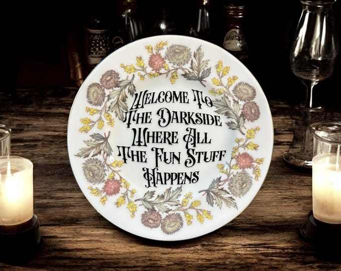 Welcome to the darkside where all the fun stuff happens, vintage plate with stand