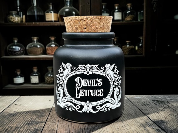 Devil’s Lettuce Apothecary Jar – Dark Humour Storage Jar – Gothic Kitchen Decor – Funny Weed Jar – Alternative Home Gift