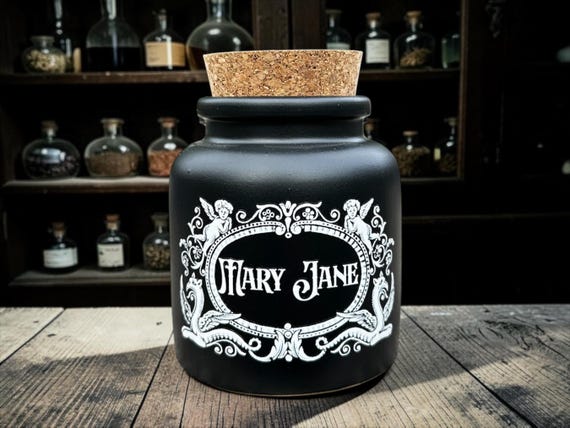 Mary Jane Apothecary Jar – Gothic Storage Jar – Alternative Cannabis Decor – Dark Humour Gift