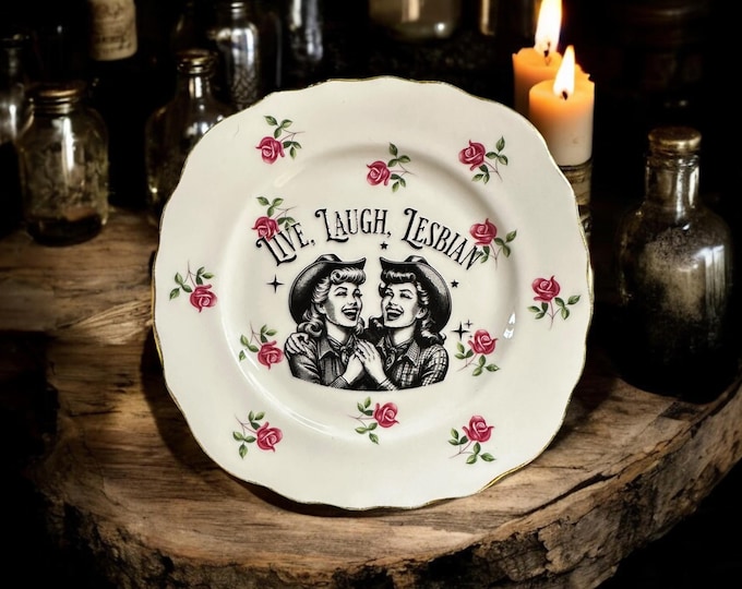 Live laugh lesbian, vintage plate with stand